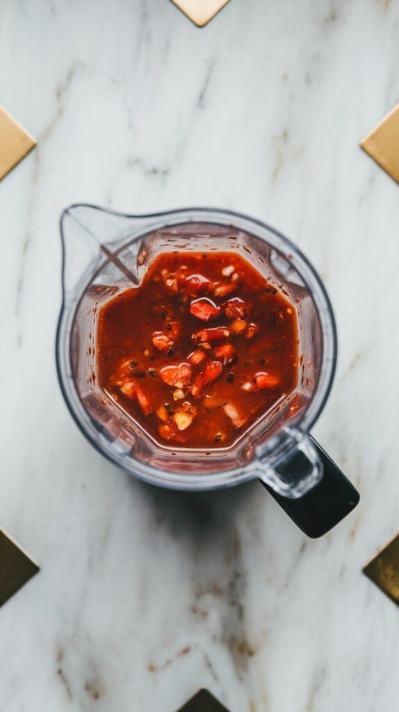 softened chiles, garlic, vinegar, salt, and cooking water in a blender cup, ready to blend. White marble counters with hints of gold.