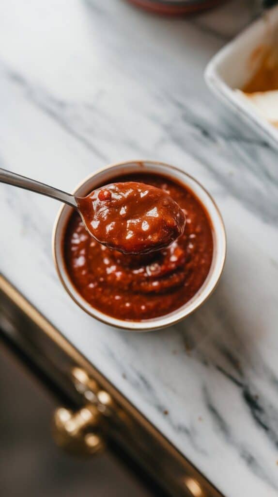 a spoon dipping into the finished chili de árbol salsa, showing thick texture and deep red color.