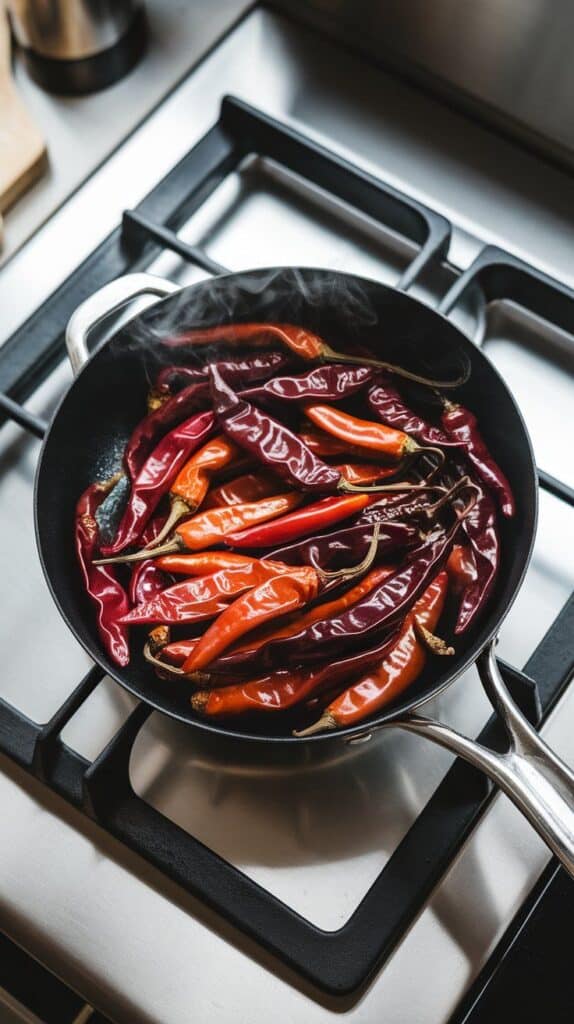 dried chiles de árbol in a hot pan, slightly darkened with a bit of smoke rising. On a modern stainless steel gas stove.