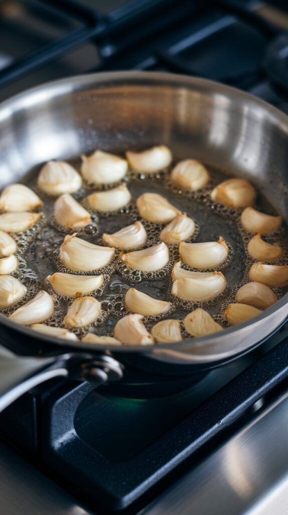 garlic cloves sizzling in a little oil in a pan, golden on the edges. On a modern stainless steel gas stove.