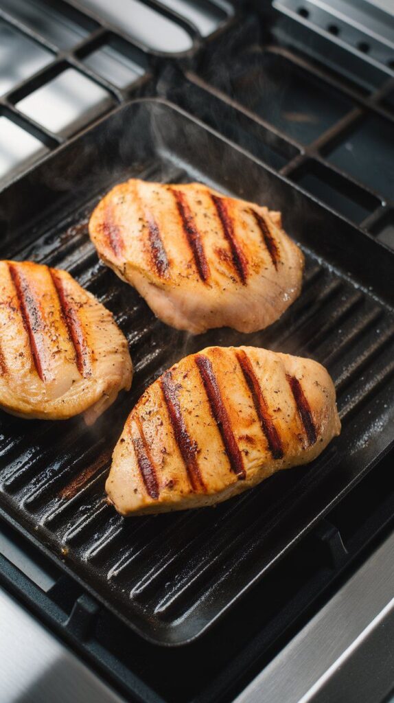 chicken breasts cooking on a hot grill pan, golden grill marks forming on the surface, steam rising
