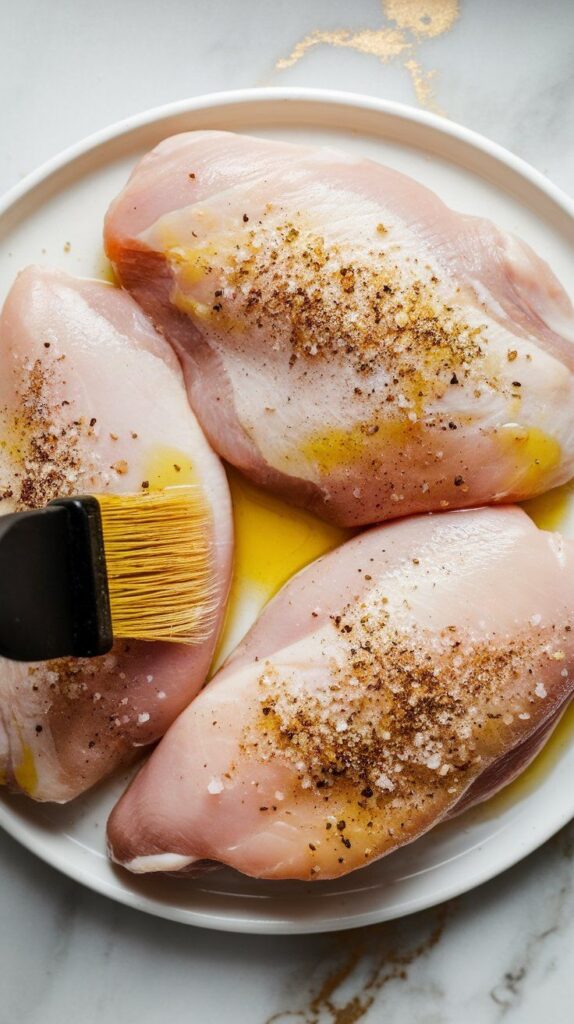 raw chicken breasts being brushed with olive oil and seasoned with salt and pepper on a white plate.