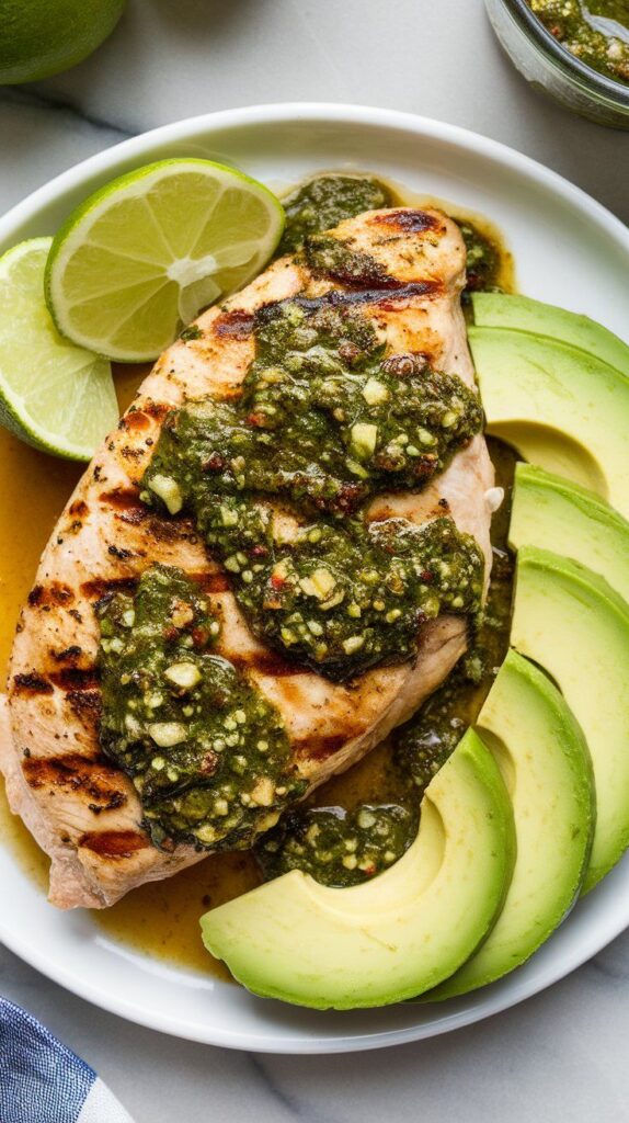 grilled chicken breast plated with chimichurri spooned over the top and fanned avocado slices on the side, garnished with lime wedges.