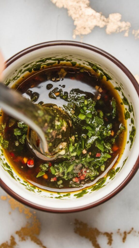 fresh chimichurri sauce being stirred in a small bowl, showing finely chopped herbs, minced garlic, red pepper flakes, and glossy olive oil.