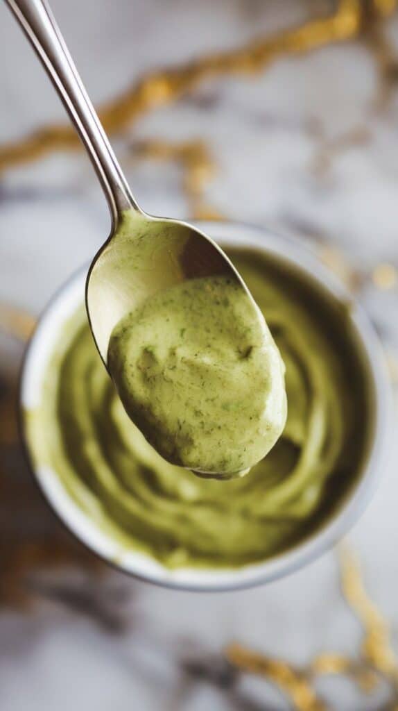 spoon dipped into green sauce, thick creamy texture clinging to spoon with a smooth finish