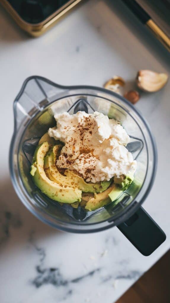 f cottage cheese, garlic, and lime juice added to avocado in blender cup, creamy and fresh ingredients stacked together.