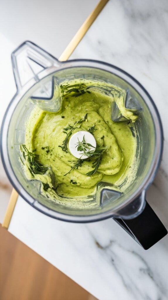 green sauce blending into smooth, vibrant mixture with visible flecks of herbs inside blender