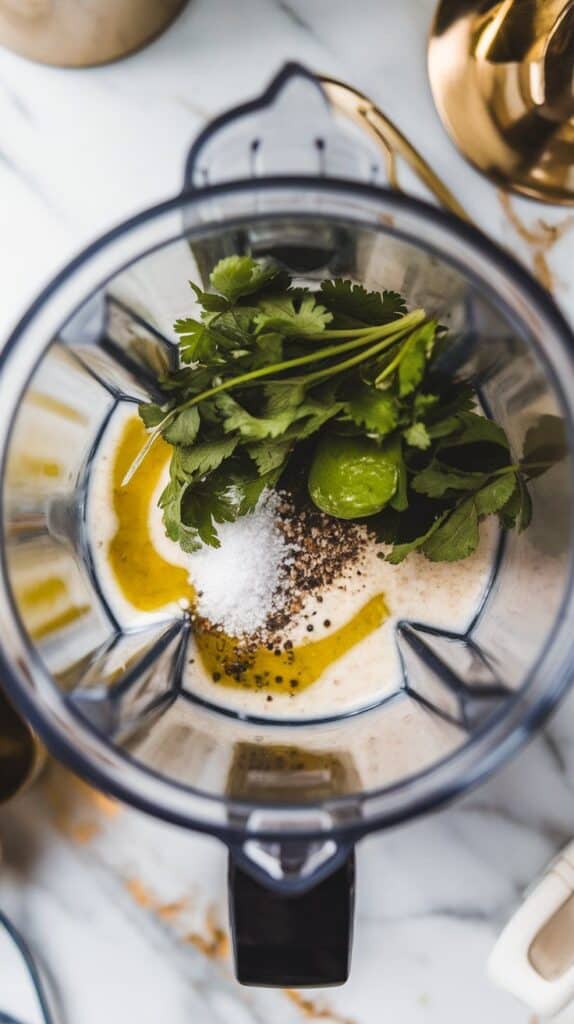 fresh cilantro, olive oil, salt, pepper, and a jalapeño on top of creamy base inside blender cup, ready to blend