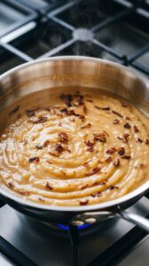 golden creamy onion sauce warming gently in a pan, glossy and thick with visible steam rising