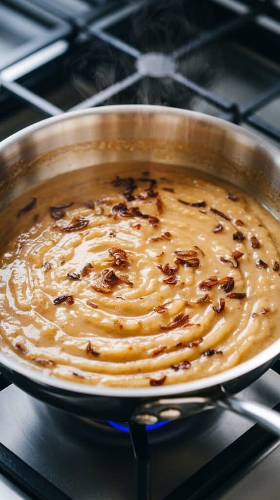 golden creamy onion sauce warming gently in a pan, glossy and thick with visible steam rising