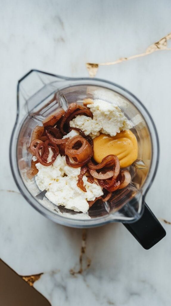 caramelized onions, cottage cheese, and Dijon mustard inside a blender cup before blending,