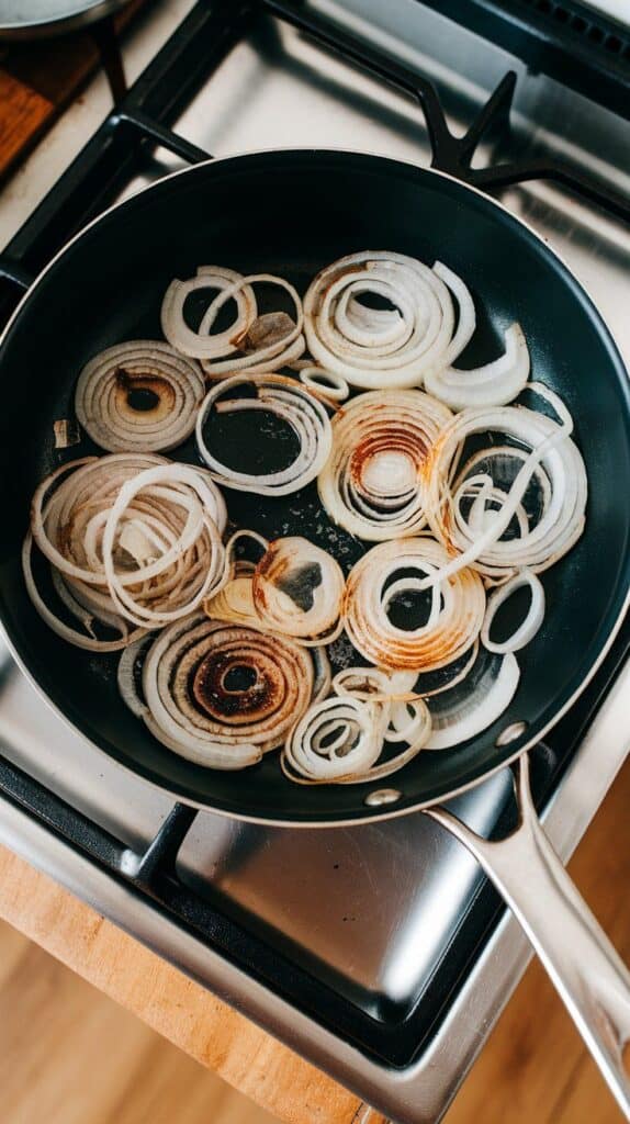 onions cooking in olive oil, turning soft and golden brown with caramelized edges.