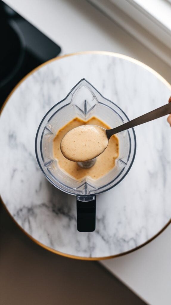 blended sauce with a spoonful of water being added mid-blend, thick creamy texture swirling with slight golden color.