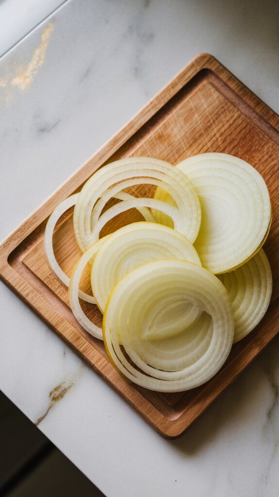 thin yellow onion slices on a wooden cutting board, translucent and freshly cut