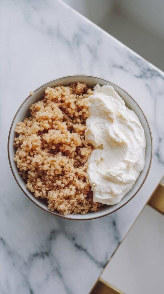 a bowl with fluffy quinoa spooned onto one side and creamy cottage cheese on the other.