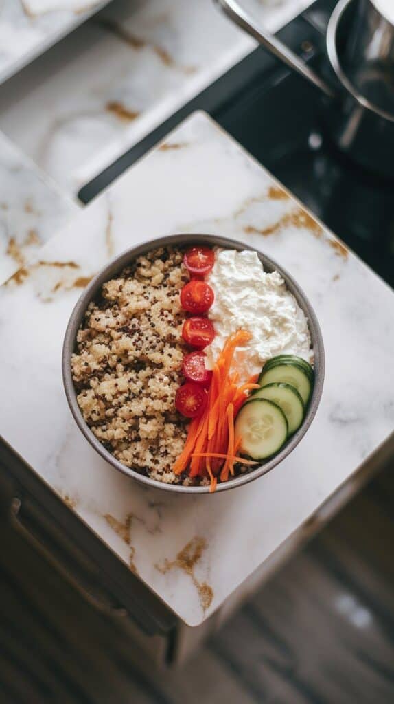 fresh veggies placed over quinoa and cottage cheese—cherry tomatoes glistening, shredded carrots piled high, cucumber slices fanned out.