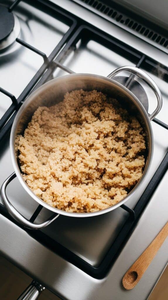 reshly cooked quinoa in a pot with steam rising, grains fluffy and separated. On a modern stainless steel gas stove