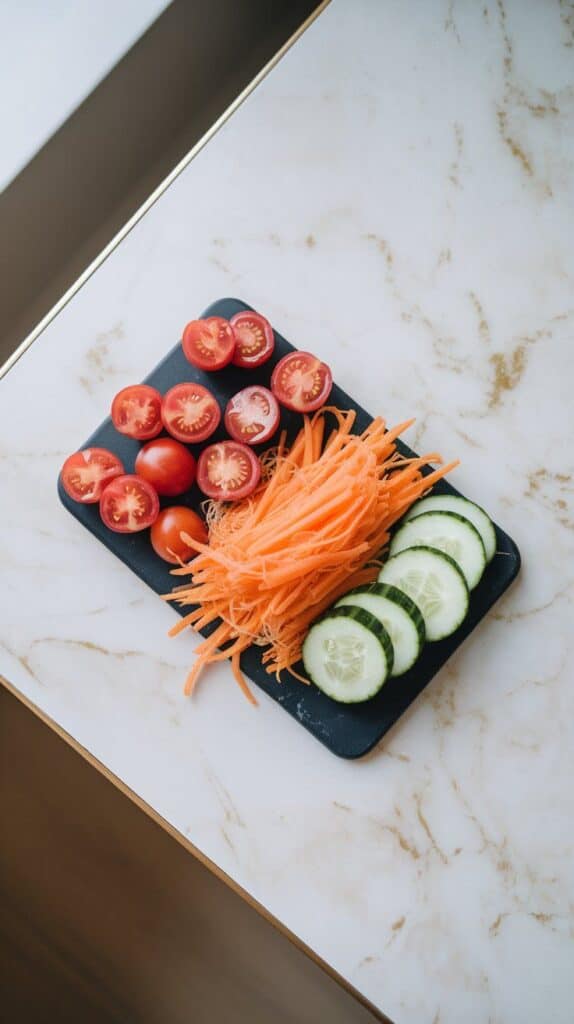 halved cherry tomatoes, shredded carrots, and sliced cucumber arranged on a small cutting board.