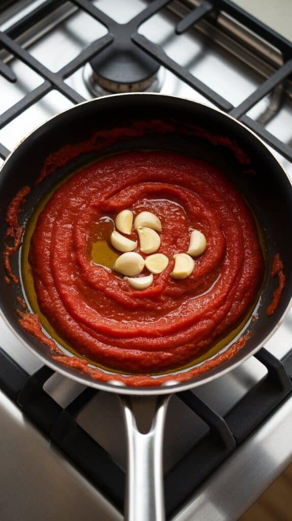 tomato paste cooking with garlic in olive oil, darkening to a deep red and thickening in the pan.