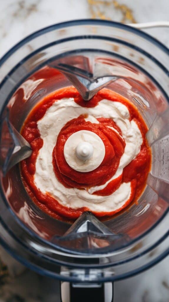 tomato sauce and cottage cheese blending in a high-speed blender, thick pink sauce swirling smoothly.