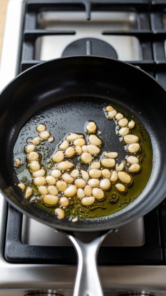f garlic sizzling in olive oil in a nonstick skillet, lightly golden and bubbling. On a modern stainless steel gas stove.