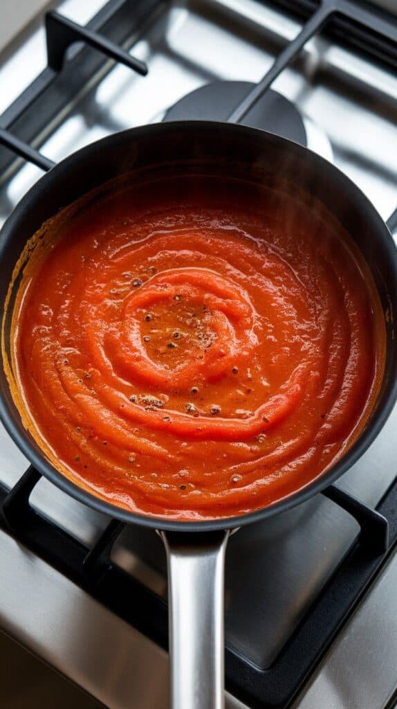 tomato sauce bubbling in the pan, smooth and slightly thick with flecks of pepper and steam rising