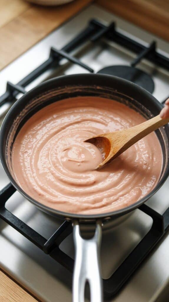 creamy rosé sauce being stirred gently in the pan, glossy and thick with a light pink hue.