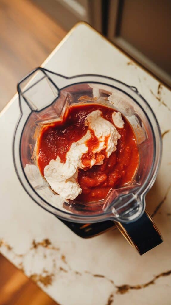 hot tomato sauce and cottage cheese blending together in a high-speed blender, swirling into a creamy pink-orange sauce
