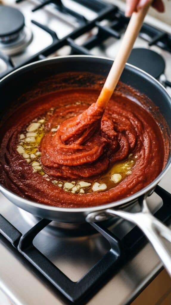 thick tomato paste being stirred into the garlic and oil, rich and dark red in color.