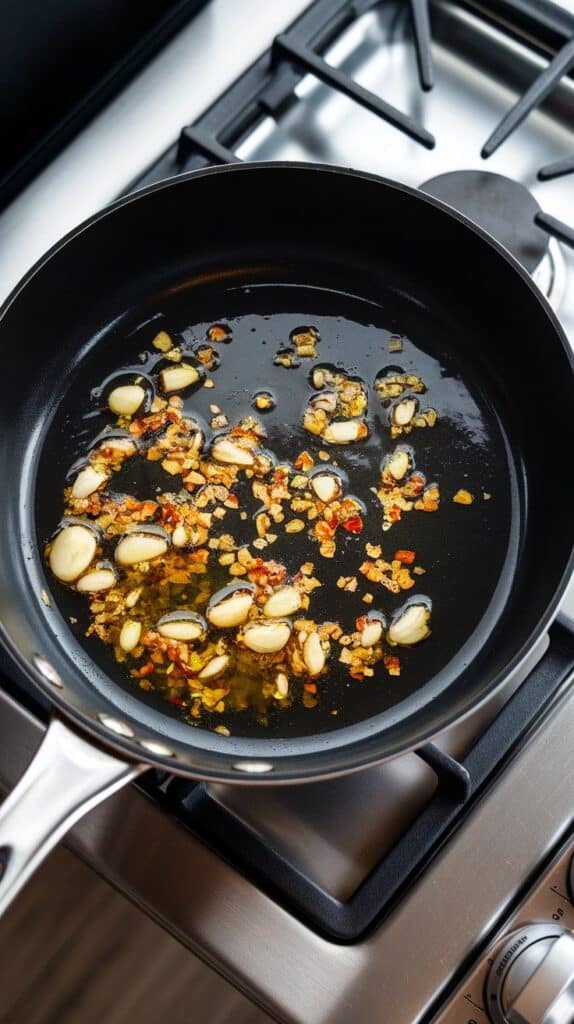 garlic and red pepper flakes sizzling in olive oil in a nonstick skillet, golden and aromatic.