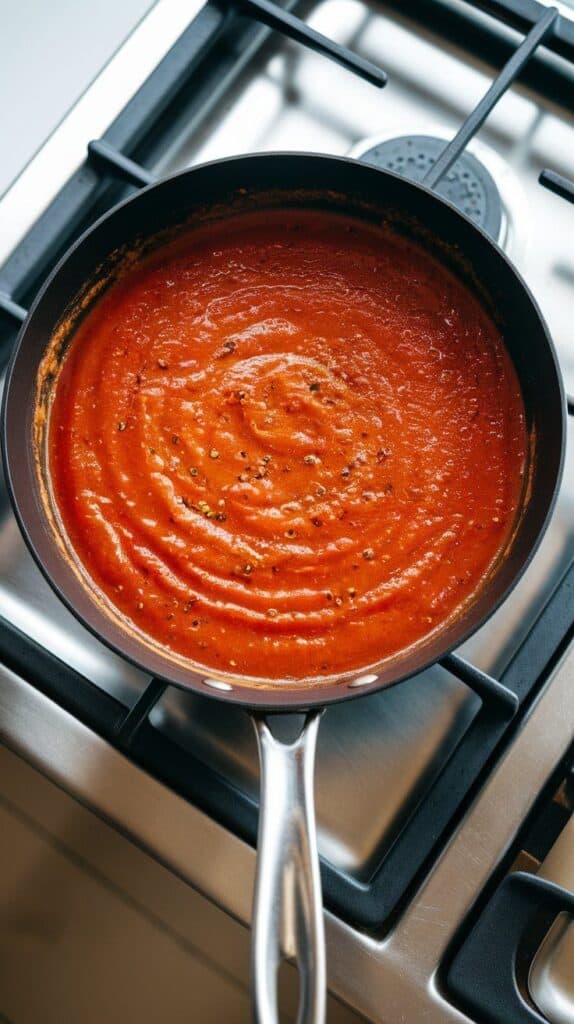 smooth tomato sauce simmering in a skillet, gently bubbling with flecks of black pepper and a rich, glossy texture