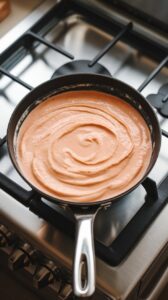 creamy vodka sauce in a skillet, steam rising as it simmers gently with flecks of basil and Parmesan melting in.