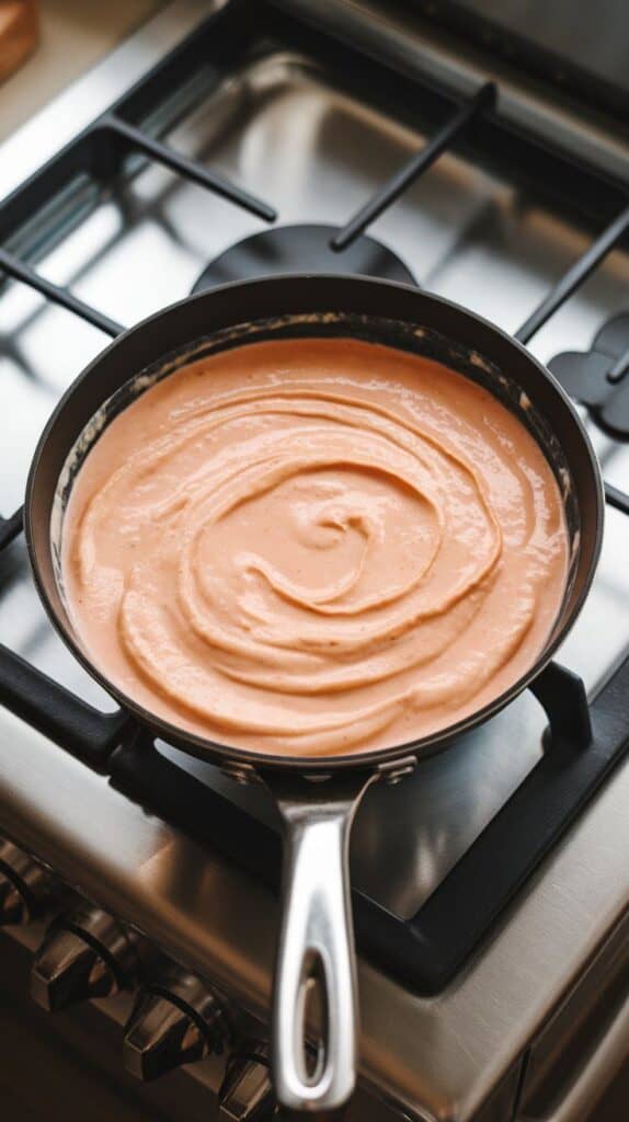 creamy vodka sauce in a skillet, steam rising as it simmers gently with flecks of basil and Parmesan melting in.
