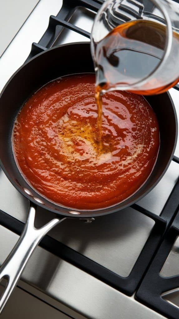 vodka being poured into a skillet with tomato paste mixture, bubbling gently as it reduces.