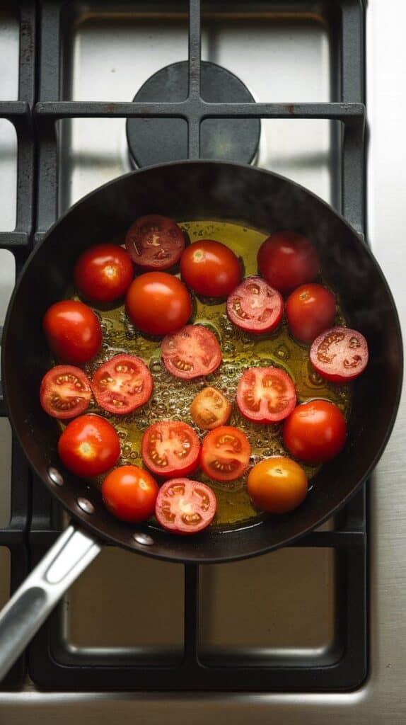 halved cherry tomatoes and minced garlic sizzling in olive oil, tomatoes softening and starting to burst.