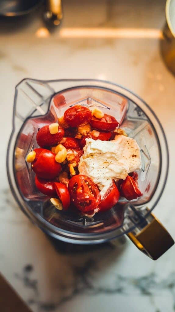 autéed tomatoes and garlic being poured into a blender with cottage cheese already inside, showing warm and creamy textures