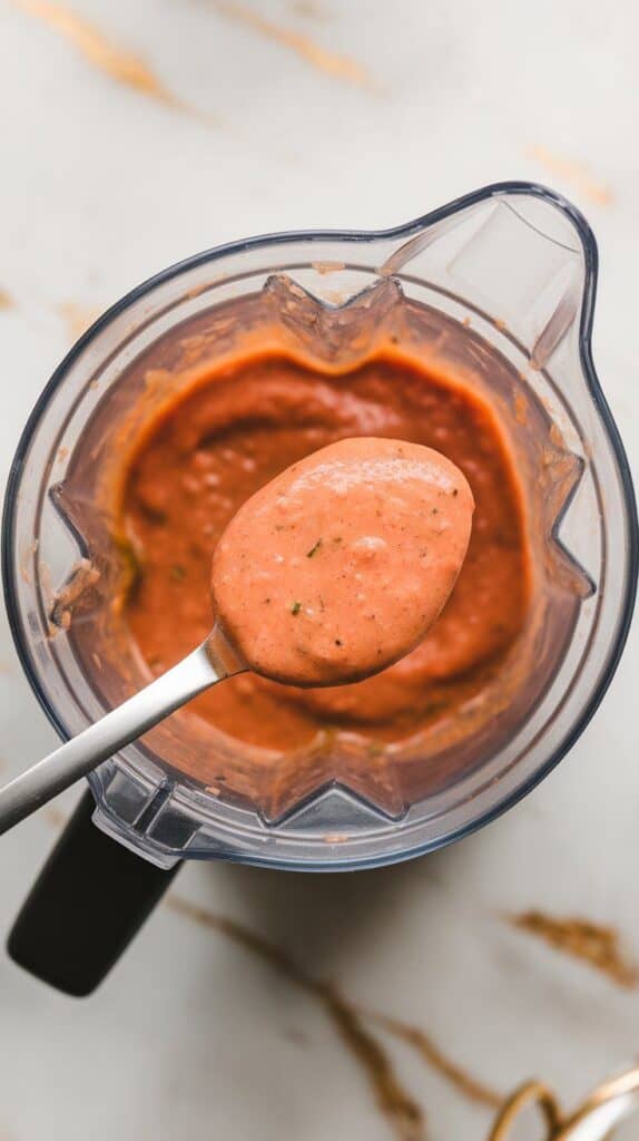 a spoon dipped into the smooth tomato basil sauce in the blender, showing its creamy, pink-orange texture.