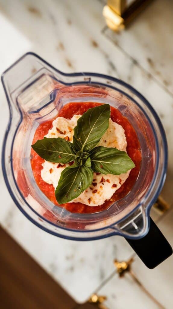 basil leaves and red pepper flakes sitting on top of the tomato-cottage cheese mixture in the blender, just before blending