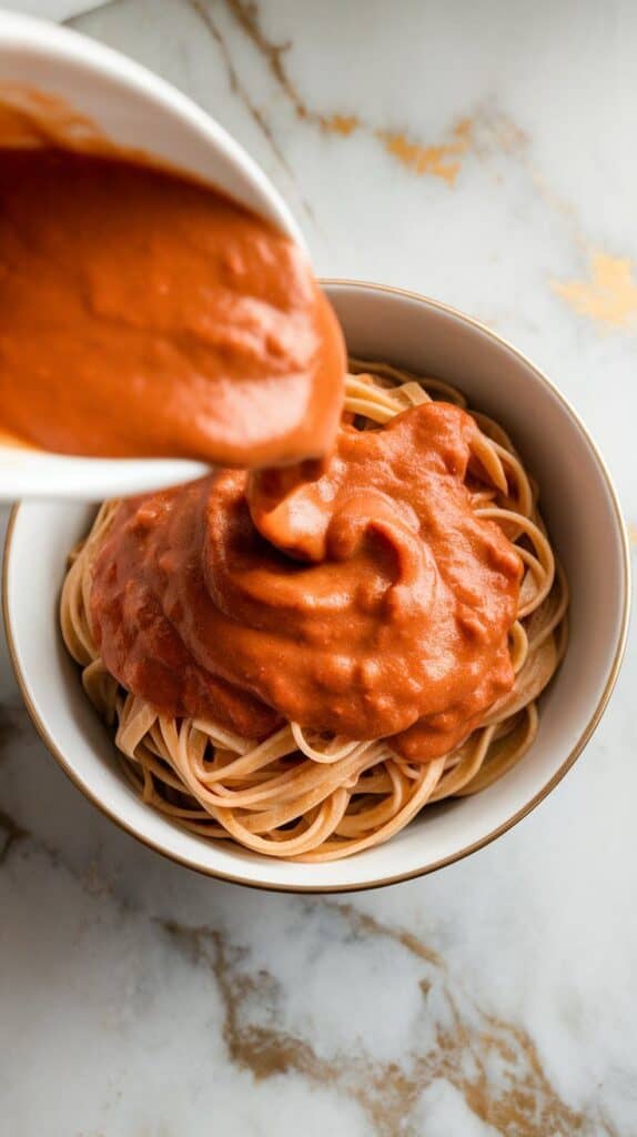 creamy tomato basil sauce being poured over a bowl of warm pasta, sauce spreading smoothly.