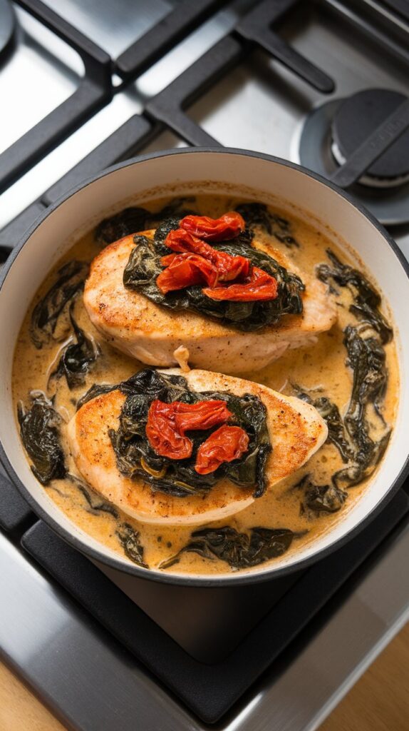 golden seared chicken breasts nestled into the creamy Tuscan sauce, topped with wilted spinach and sun-dried tomatoes.