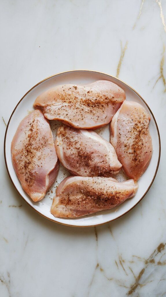 raw chicken breasts on a plate being sprinkled with salt and pepper, ready to sear.
