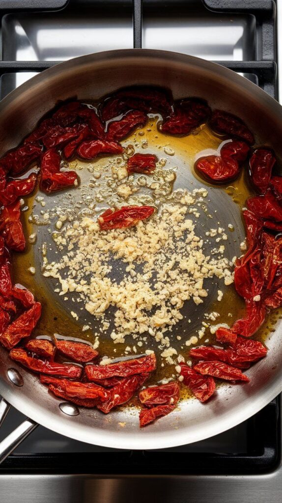 minced garlic and chopped sun-dried tomatoes sizzling in the skillet with olive oil, slightly softened.