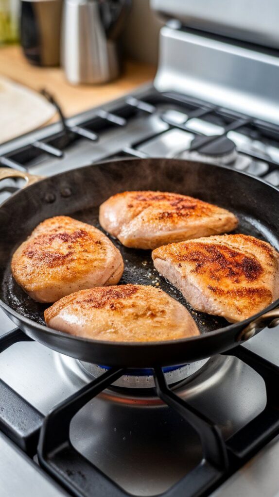 chicken breasts sizzling in a hot skillet, with golden crust forming and steam rising.