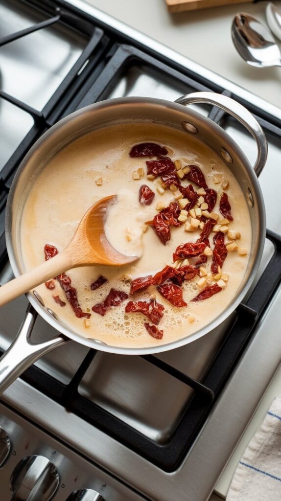 heavy cream and chicken broth being stirred into the skillet with garlic and tomatoes, forming a creamy sauce.