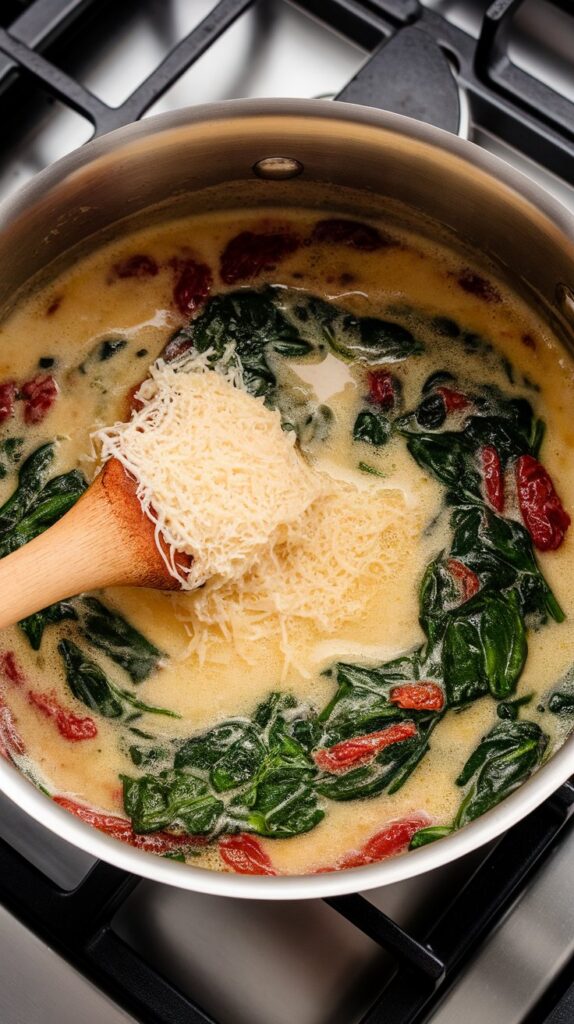 parmesan cheese melting into the creamy sauce with chopped spinach wilting into it
