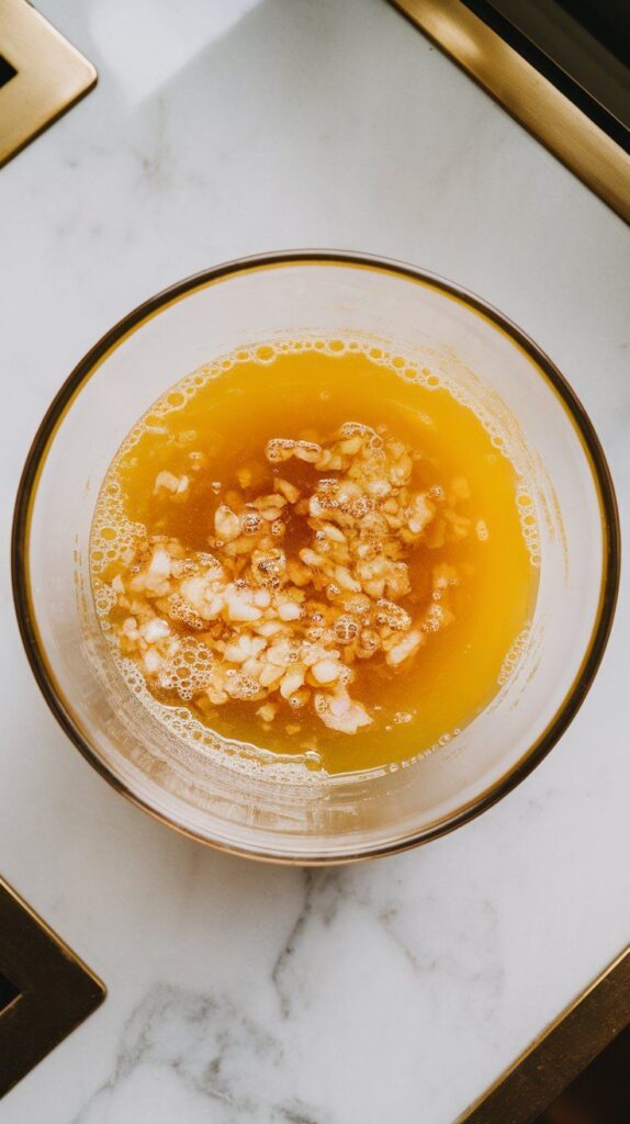 minced garlic, fresh orange juice, and lime juice in a glass bowl, bright yellow-orange liquid with visible garlic bits.
