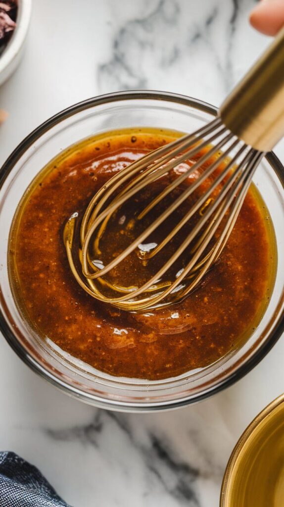 golden olive oil being whisked into the citrus-garlic-spice mix, forming a glossy, well-blended marinade