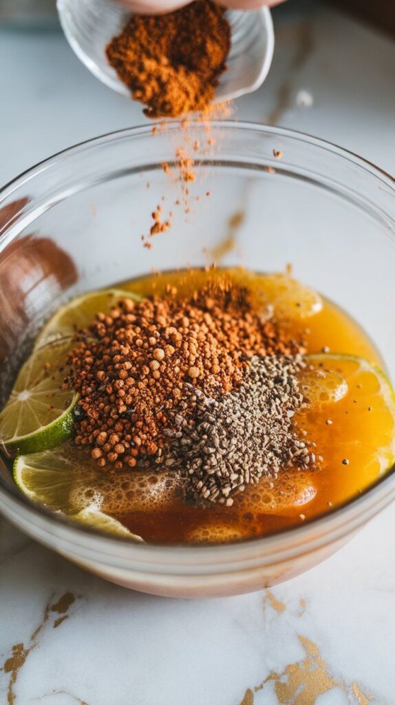 dry spices being sprinkled into the citrus and garlic mixture, with visible cumin and oregano creating a speckled surface.
