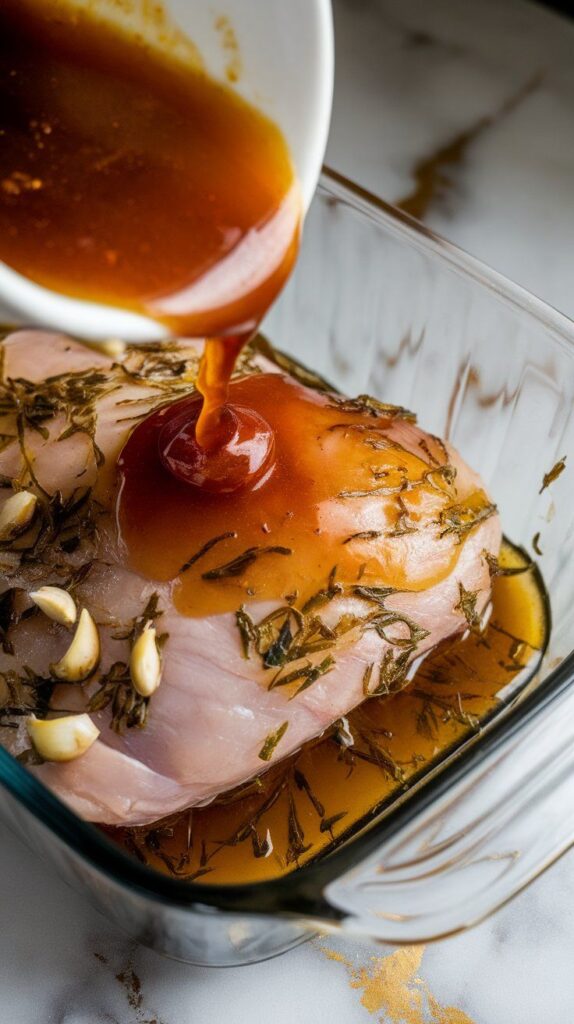 mojo marinade being poured over pork chops in a glass dish, garlic and herbs clinging to the meat.