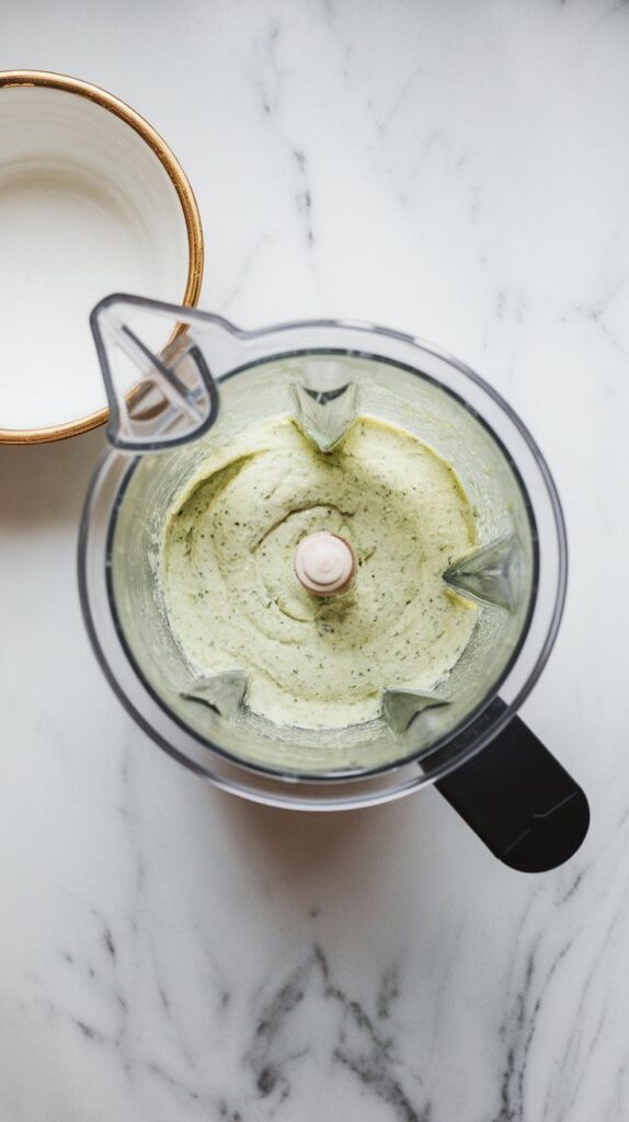 pale green cucumber-jalapeño dip blending in the food processor, smooth texture with tiny specks of herbs